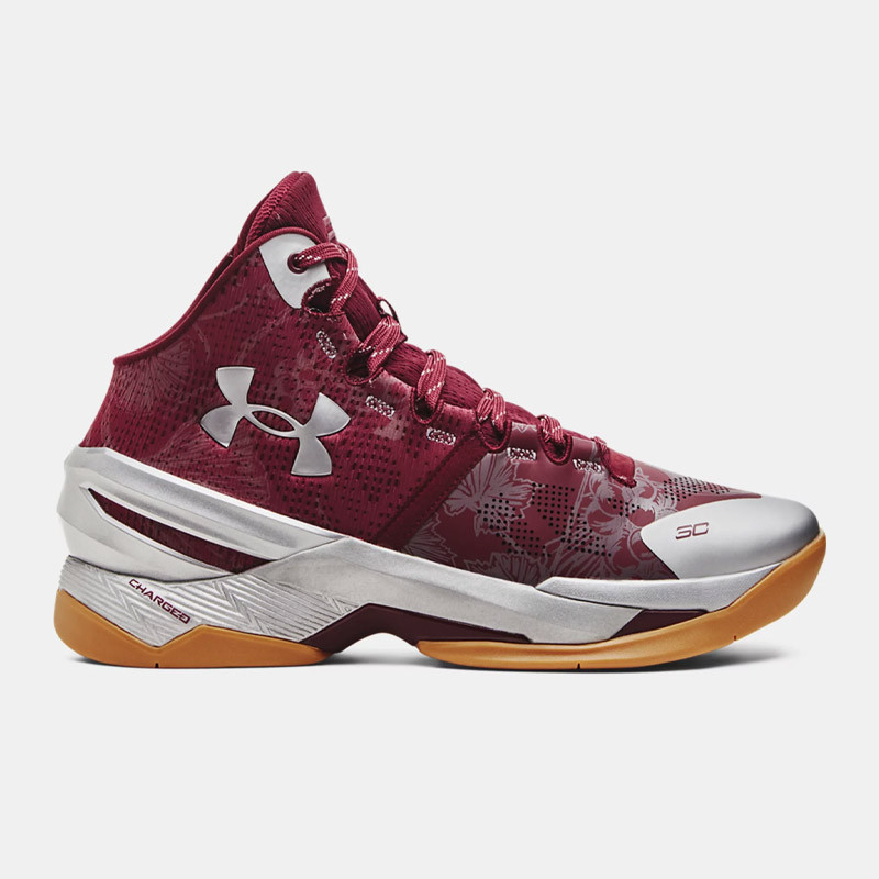 Chaussures de basketball Under Armour Curry 2 Retro 'Domaine' pour homme - Deep Red/Deep Red/Metallic Silver