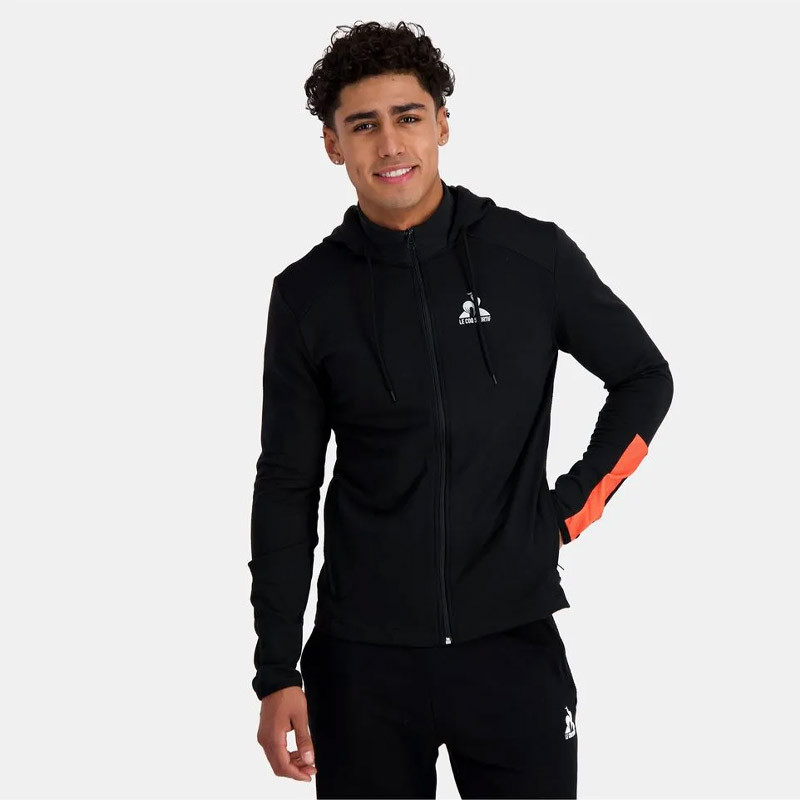 Le Coq Sportif Training Sp zipped hooded jacket for men - Black/Orange Perf