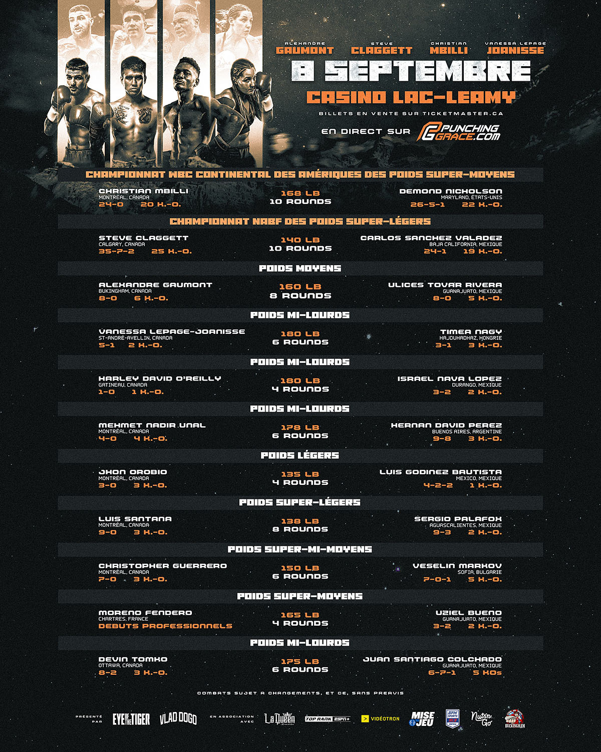Programme Gala de boxe championnat du monde à Gatineau