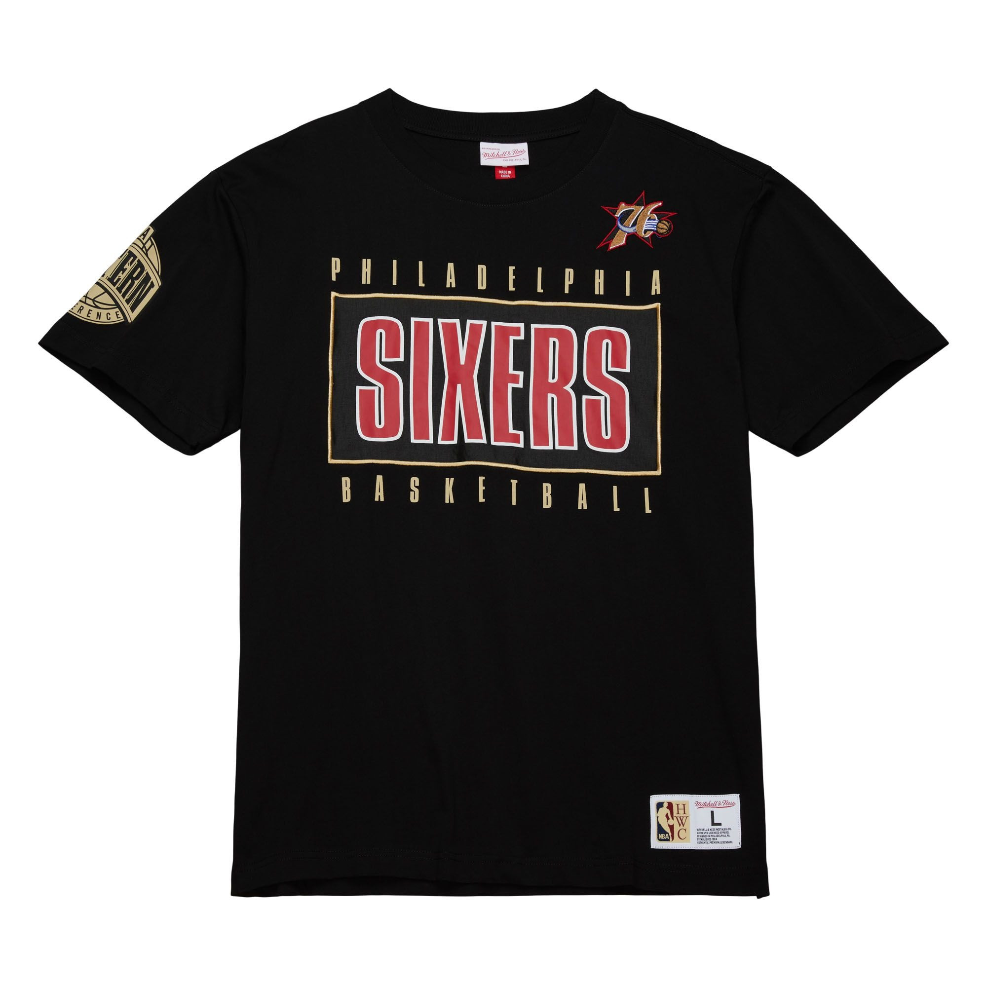 Mitchell & Ness NBA Philadelphia 76ers Team Og 2.0 Premium Vintage Logo Men's Short Sleeve Basketball T-Shirt - Black - TCRW7096-P76BLK